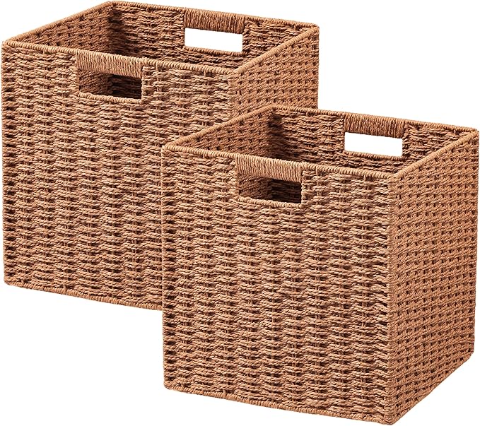 UBBCARE 2 Pack Wicker Basket, 11L×11H×10.5W inch Woven Paper Rope Storage Baskets for shelves, Foldable Cube Storage bin with Handle, Storage Basket for Organizing & Decor, Caramel