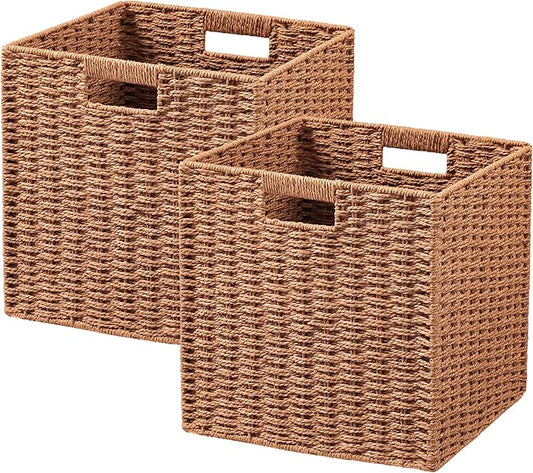 UBBCARE 2 Pack Wicker Basket, 11L×11H×10.5W inch Woven Paper Rope Storage Baskets for shelves, Foldable Cube Storage bin with Handle, Storage Basket for Organizing & Decor, Caramel