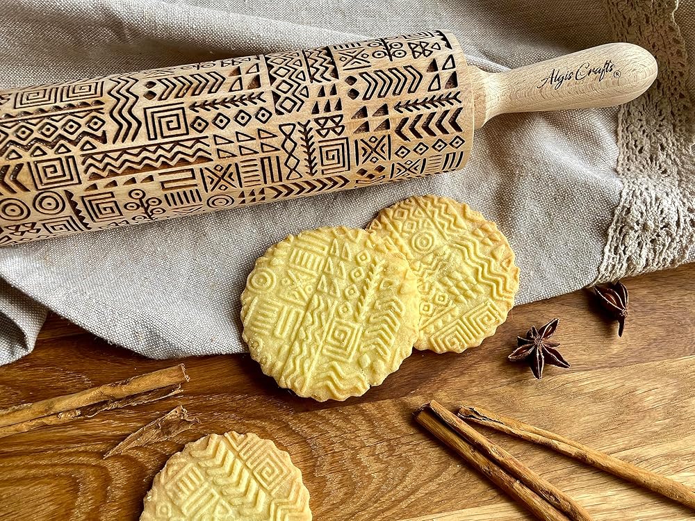 TRIBAL Embossing Rolling Pin. Laser Engraved Dough Roller for Embossed Cookies or Pottery by Algis Crafts