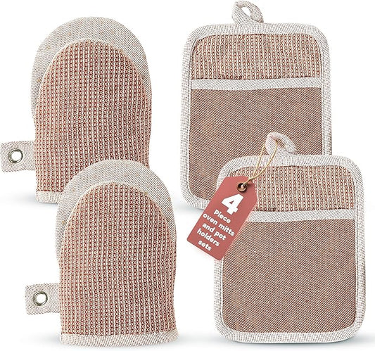 Casa Platino Cute Oven Mitts & Pot Holders, 4-Piece – Oven Mitts Heat Resistant for Grilling & Baking, Pot Holder for Hot Cookware & Microwave – Withstands Up to 500°F, Non-Slip – Canyon Rose