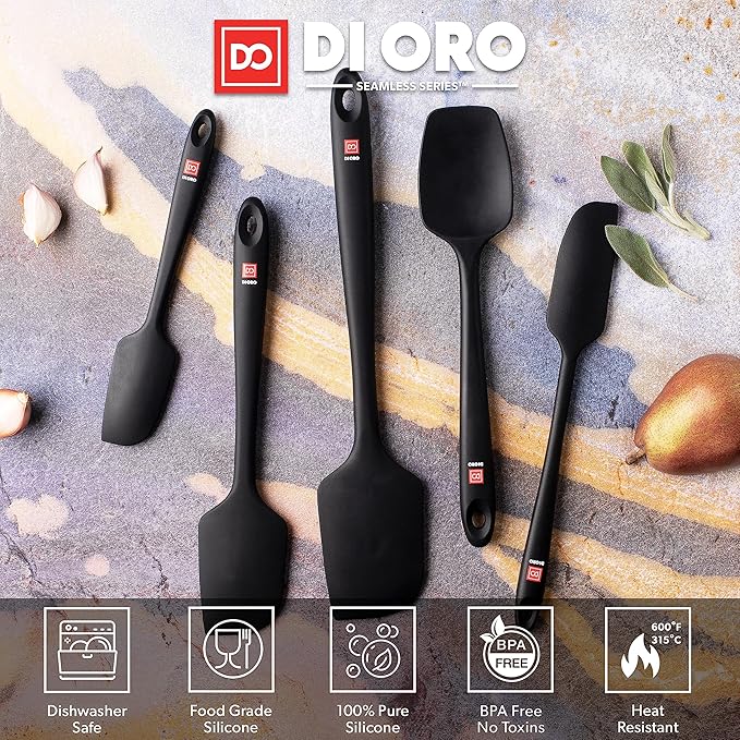 DI ORO Silicone Spatula Set - Rubber Kitchen Spatulas for Baking, Cooking, & Mixing - 600°F Heat-Resistant & BPA Free Silicone Scraper Spatulas for Nonstick Cookware - Dishwasher Safe (5pc, Black)