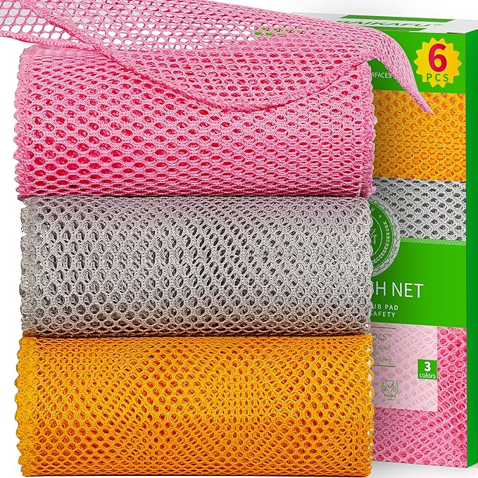6Pcs Dish Wash Net,Innovative Mesh Cloth,Ultra Non-Scratch Dish Rags for Washing Dishes,100% No Odor/Quick Dry,Perfect Scrubber,Dish Sponges for Washing Dishes Yellow/Pink/Gray