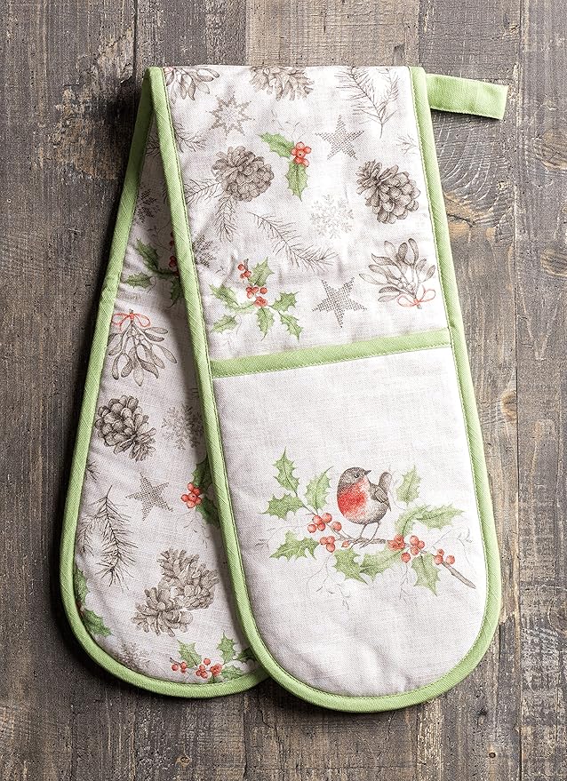 Maison d' Hermine Double Oven Mitts 100% Cotton 7"x35" Double Oven Mitt Heat Resistant BBQ Cooking Gloves with Loop, Baking, Grilling, Home, Kitchen, Handling Hot Pans (Christmas Dew)