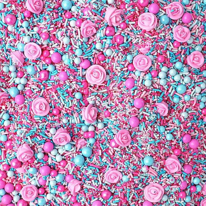 Sprinkle Pop Briar Rose Princess Sprinkle Mix| Pink and Blue Sprinkles with ~6 Hand Piped Royal Icing Roses| Birthday Sprinkles Made in USA for Decorating Cake Cupcakes Donuts Cookies Ice Cream, 2oz