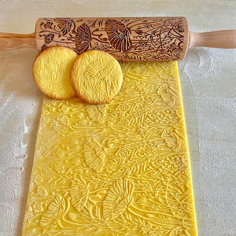 WILD POPPY Embossing Rolling Pin with Flowers Pattern. Dough and Clay Roller for Embossed Cookies and Pottery. Cookie and Ceramic Stamp. Backing Gifts for Women by Algis Crafts