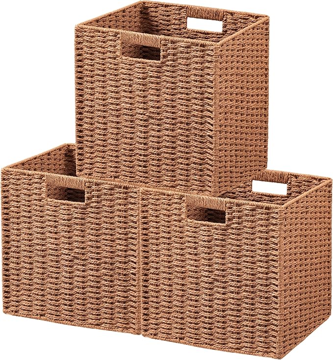 UBBCARE 3 Pack Wicker Basket, 11L×11H×10.5W inch Woven Paper Rope Storage Baskets for shelves, Foldable Cube Storage bin with Handle, Storage Basket for Organizing & Decor,Caramel