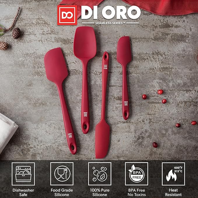 DI ORO Silicone Spatula Set - Rubber Kitchen Spatulas for Baking, Cooking, & Mixing - 600°F Heat-Resistant & BPA Free Silicone Scraper Spatulas for Nonstick Cookware - Dishwasher Safe (4pc, Red)