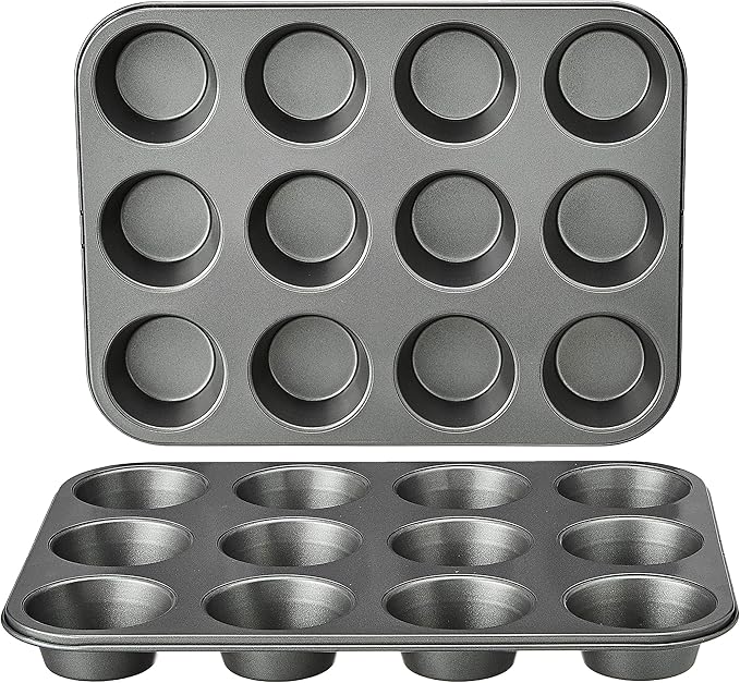 Amazon Basics Nonstick Round Muffin Baking Pan, 12 Cups, Set of 2, Gray, 13.9x10.55x1.22"