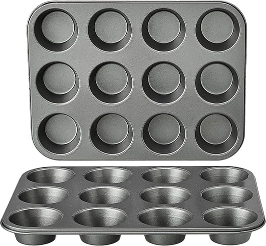 Amazon Basics Nonstick Round Muffin Baking Pan, 12 Cups, Set of 2, Gray, 13.9x10.55x1.22"