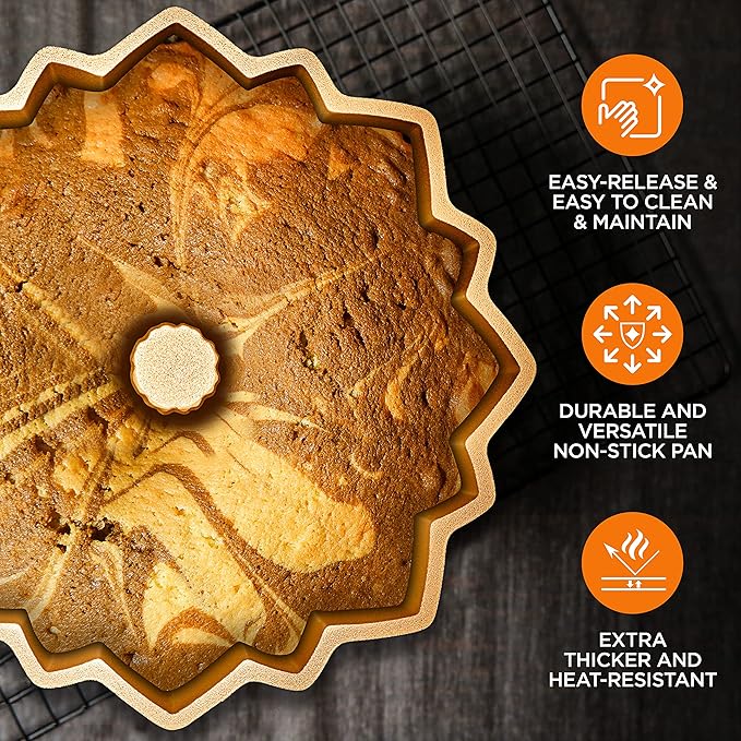 NutriChef 9-Inch Cake Pan, Thick and Heavy Cast Aluminum Cake Molds with 2 Layers of Nonstick Coating - Bloom Flower Design for Uniform Baking Up To 500 Degrees - Easy to Clean, Gold