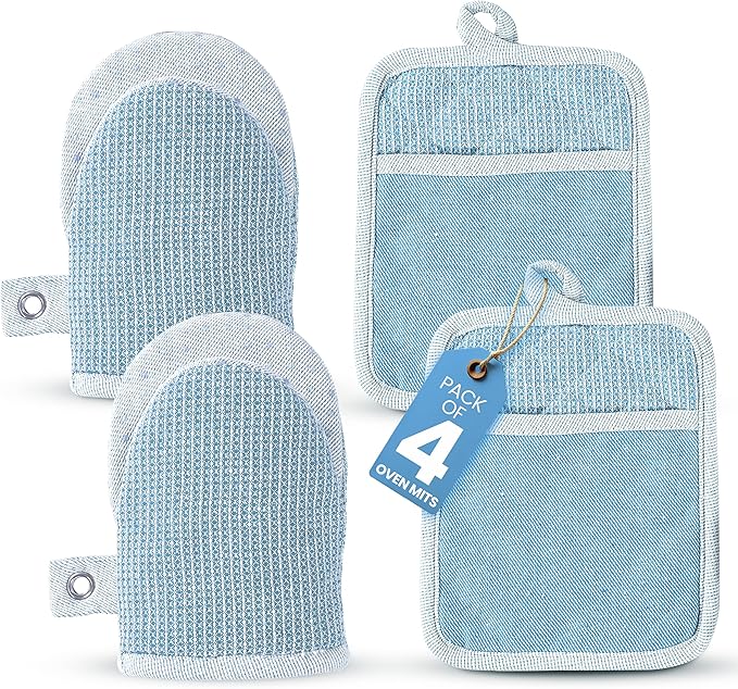 Casa Platino BBQ Gloves & Potholders Set, 4Pc Kitchen Mitts for Oven & Baking, Pot Holder for Hot Pots & Dishes – Heat Resistant Up to 500°F, Non-Slip & Machine Washable – Cornflower