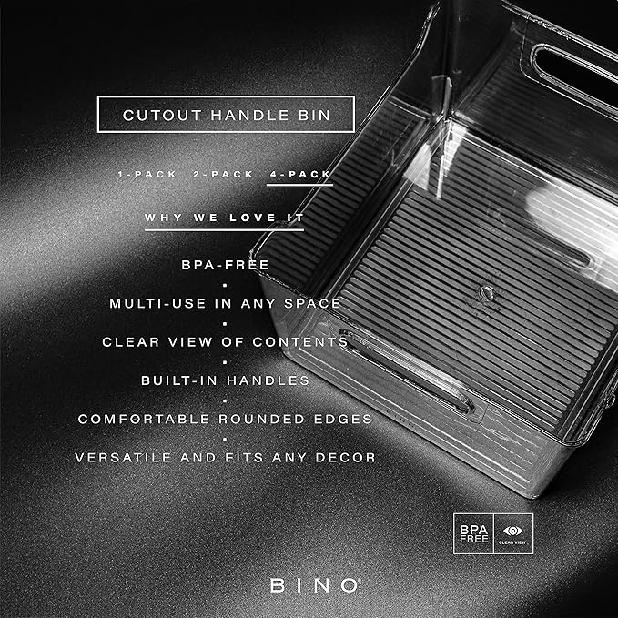 BINO | Plastic Storage Bins - 4 Pack | THE LODGE COLLECTION | Clear Storage | Containers for Organizing with Handles | Pantry Kitchen Organization | Fridge Organizer | Bathroom | Shelves Cabinet