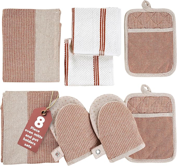 Casa Platino Potholders for Kitchens, 8-Piece – 500°F Heat Resistant Oven Mitts and Pot Holders, Mini Oven Mitts with Silicone Grip, 2 Kitchen Towels & 2 Dish Cloths – Durable & Non-Slip – Canyon Rose