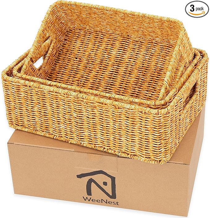 Baskets for Organizing, Undershelf Wicker Storage, Hand Woven Organizer for Closet Organization, Rectangular, Set of 3, Amber